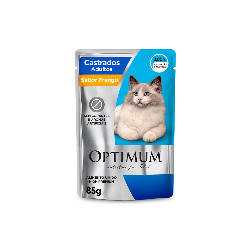 Ração Úmida Optimum para Gatos Adultos Castrados Sabor Frango Sachê 85 g