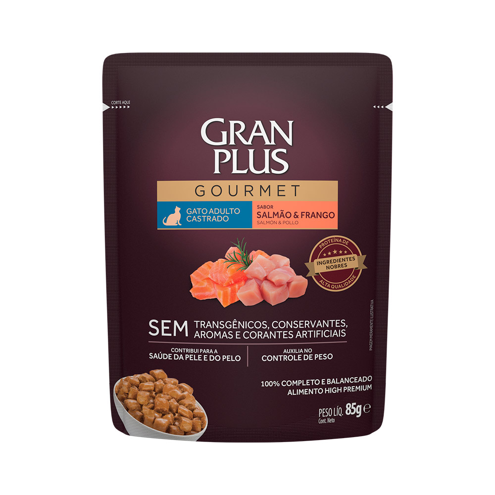 Ração Úmida GranPlus Gourmet para Gatos Castrados Sabor Salmão e Frango Sachê 85 g