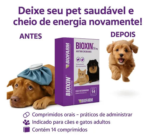 Antimicrobiano Biofarm Bioxin 50mg para Cães e Gatos com  14 Comprimidos