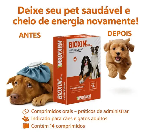 Antimicrobiano BioFarm Bioxin 200mg para Cães e Gatos 14 Comprimidos