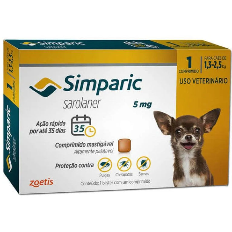 Antipulgas Zoetis Simparic 5 mg para Cães 1,3 a 2,5 Kg 1 Comprimido