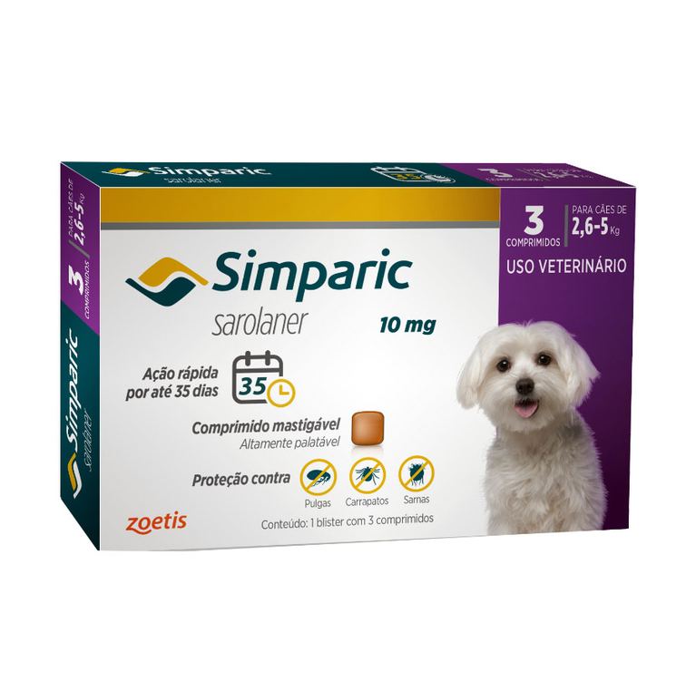 Antipulgas Zoetis Simparic 10 mg para Cães de 2,6 a 5 Kg