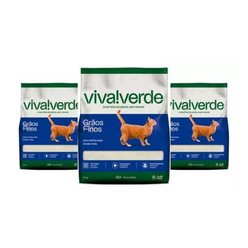 Kit 3 unidades Areia Higiênica para Gatos Viva Verde Grãos Finos 4 Kg