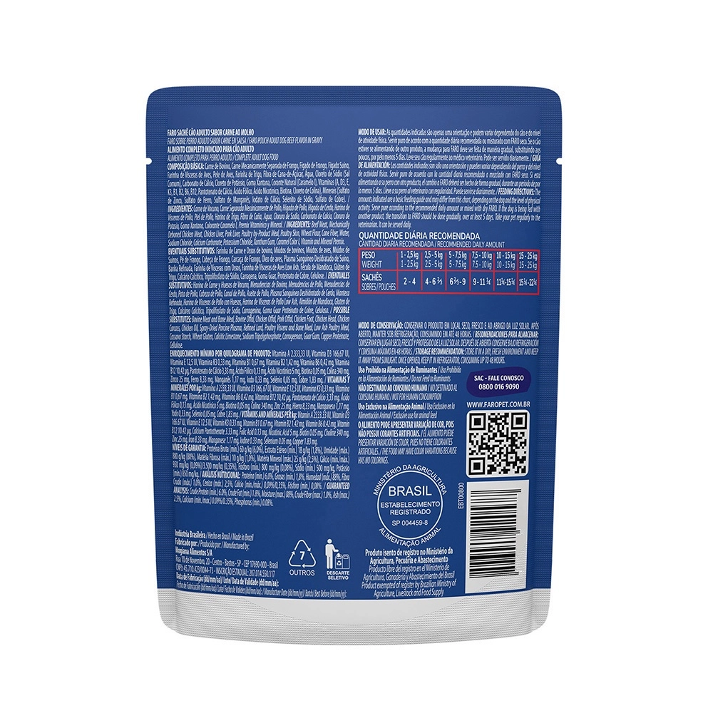 Ração Úmida Faro para Cães Adultos Sabor Carne Sachê 85 g