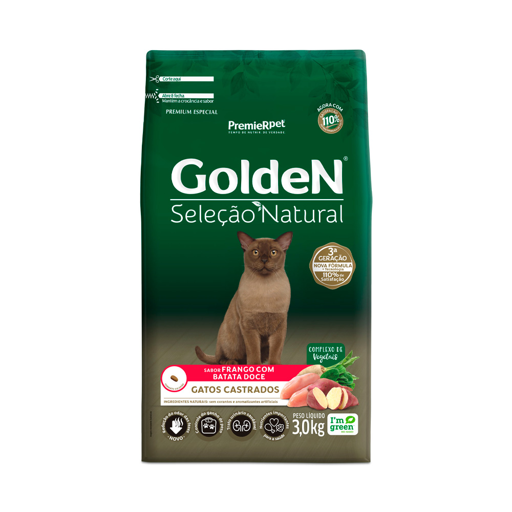 Ração Golden Seleção Natural para Gatos Castrados Sabor Frango com Batata Doce